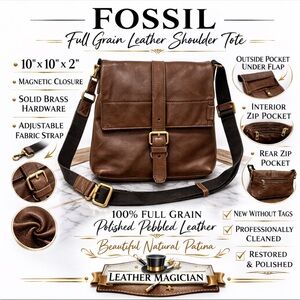 Fossil Dark Brown Leather Messenger Bag NWOT 100% Full Grain Leather-Unisex